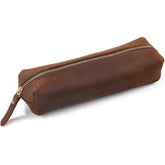 GORGECRAFT Crazy Horse Leather Pen Case Large Capacity Genuine Leather Pencil Pouch Big Zippered Pencil Bag Vintage Cosmetic Holders Organizer for Men Women Pens Home Office Practical Gift, Coffee